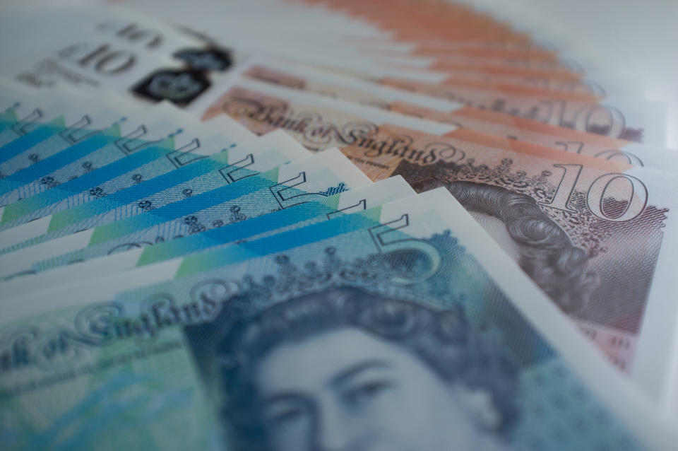 The new polymer British ten and five pounds banknotes are pictured in London, on December 31, 2017. Currency experts have warned that as the uncertainty surrounding Brexit continues, the value of the British pound, which has remained depressed against the US dollar and the euro since the UK voted to leave in the EU referendum, is likely to fluctuate.  (Photo by Alberto Pezzali/NurPhoto via Getty Images)