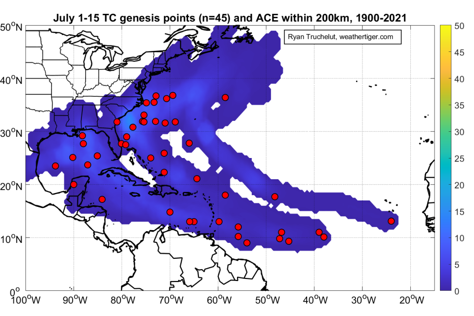 Where storms tend to form in early July.