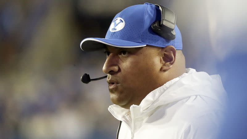 Brigham Young Cougars head coach Kalani Sitake coaches from the sideline in a football game against the Cincinnati Bearcats at LaVell Edwards Stadium in Provo on Friday, Sept. 29, 2023.