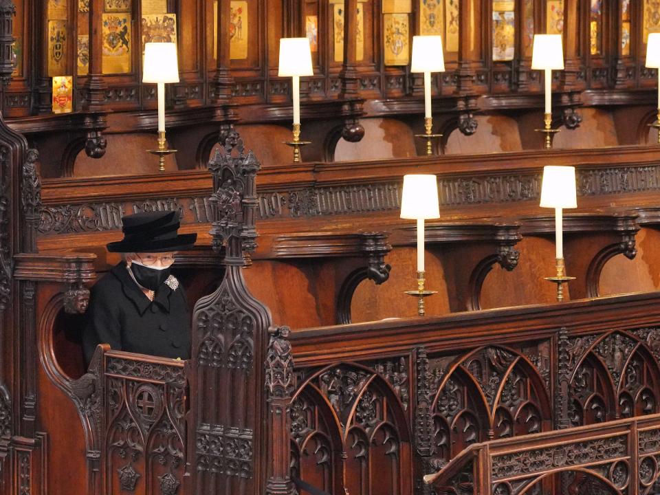 The Queen sits alone during Prince Philip’s funeral (Getty Images)