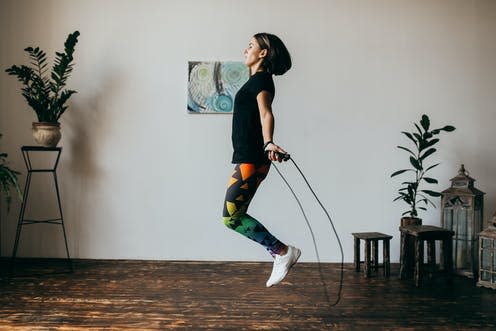 <span class="caption">Jumping rope is one common form of plyometric training.</span> <span class="attribution"><a class="link " href="https://www.shutterstock.com/image-photo/young-fitness-woman-jumping-rope-home-747150445" rel="nofollow noopener" target="_blank" data-ylk="slk:Shunevych Serhii/ Shutterstock;elm:context_link;itc:0;sec:content-canvas">Shunevych Serhii/ Shutterstock</a></span>