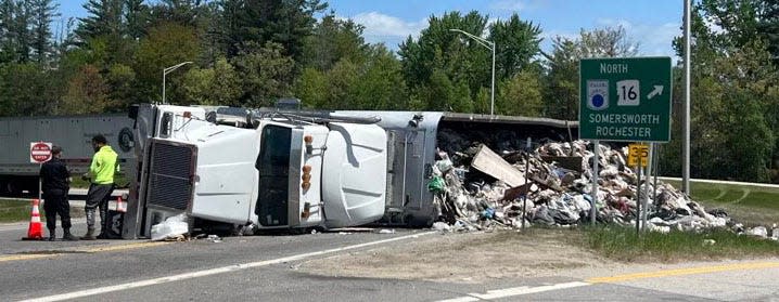 A tractor-trailer rolled over on the Spaulding Turnpike in Dover Wednesday, May 17, 2023.