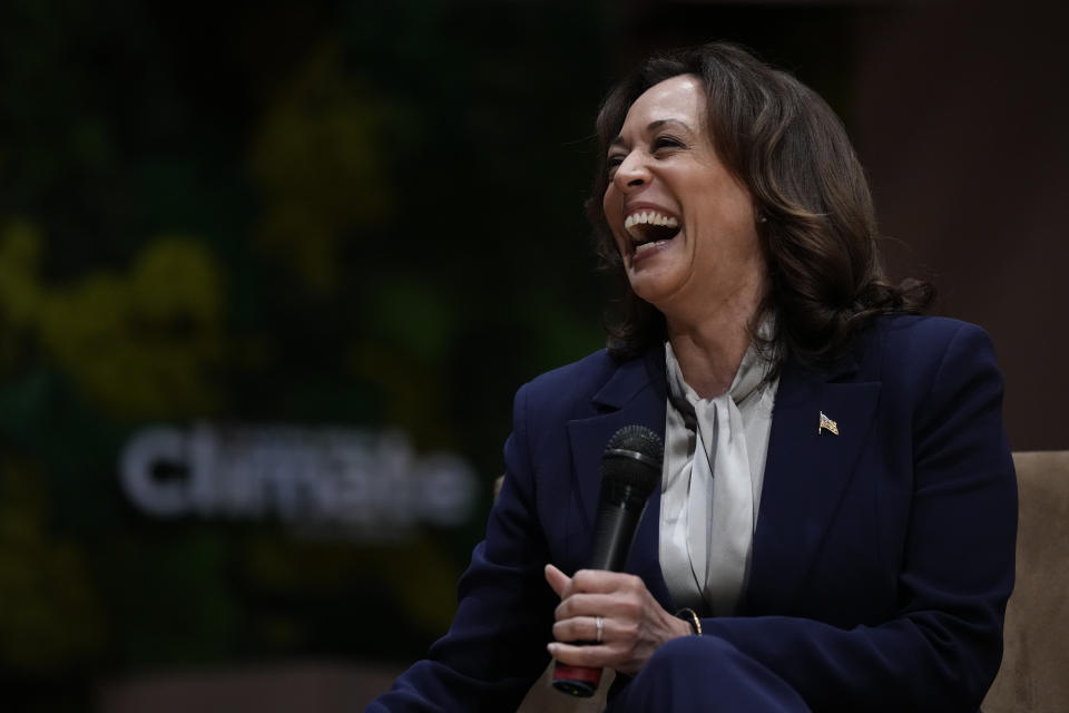 Vice President Kamala Harris laughs as she speaks with singer Gloria Estefan at the Aspen Ideas: Climate conference, Wednesday, March 8, 2023, in Miami Beach, Fla. The conference is co-hosted by the Aspen Institute and the City of Miami Beach.(AP Photo/Rebecca Blackwell)