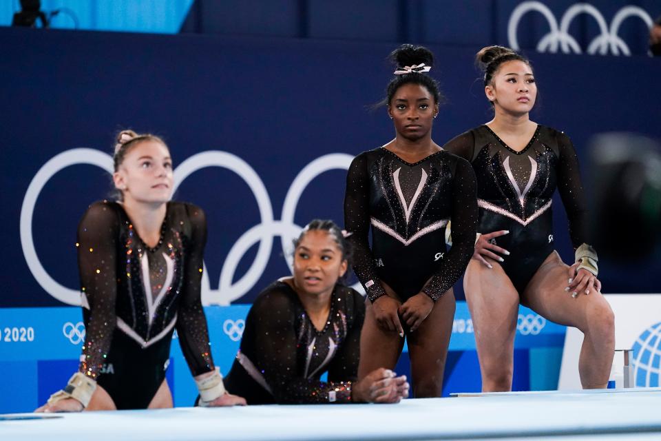 The U.S. women's gymnastics team (from left) Grace McCallum, Jordan Chiles, Simone Biles, and Sunisa Lee at the Tokyo Olympics.