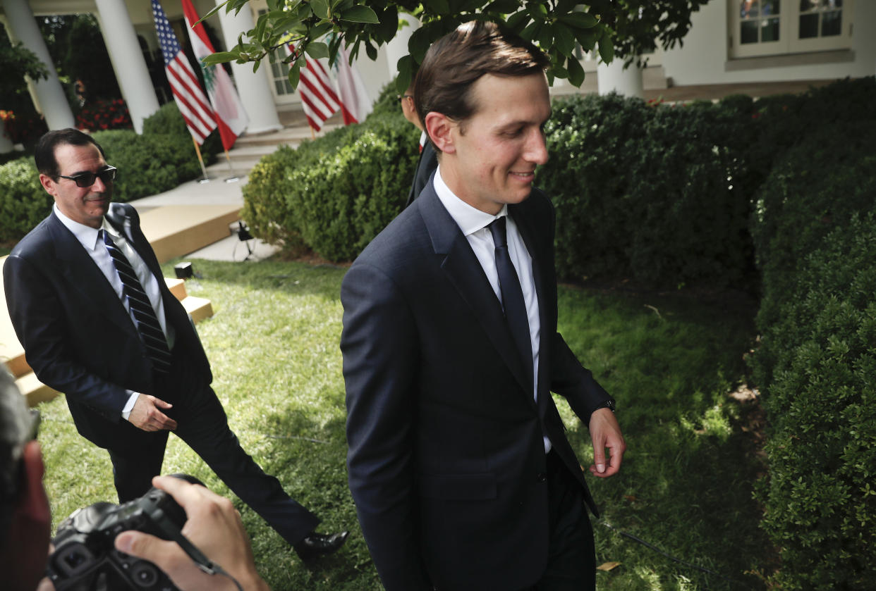 White House senior adviser Jared Kushner and Treasury Secretary Steve Mnuchin leave the Rose Garden, July 25, 2017. (Photo: Pablo Martinez Monsivais/AP)