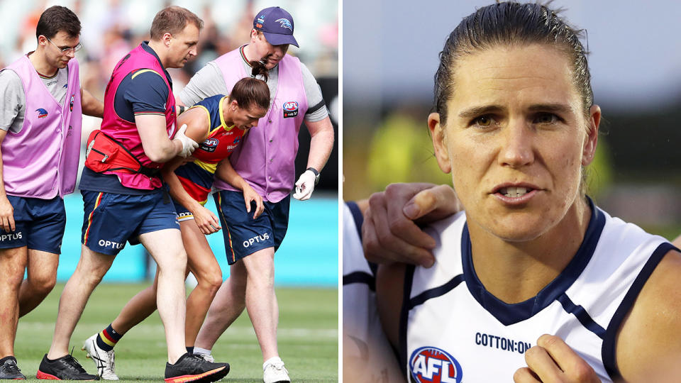 Adelaide Crows captain Chelsea Randall has been praised for her vocal stance in support of the AFLW's concussion rules, after copping a head knock in last week's preliminary final against Melbourne. Pictures: Getty Images