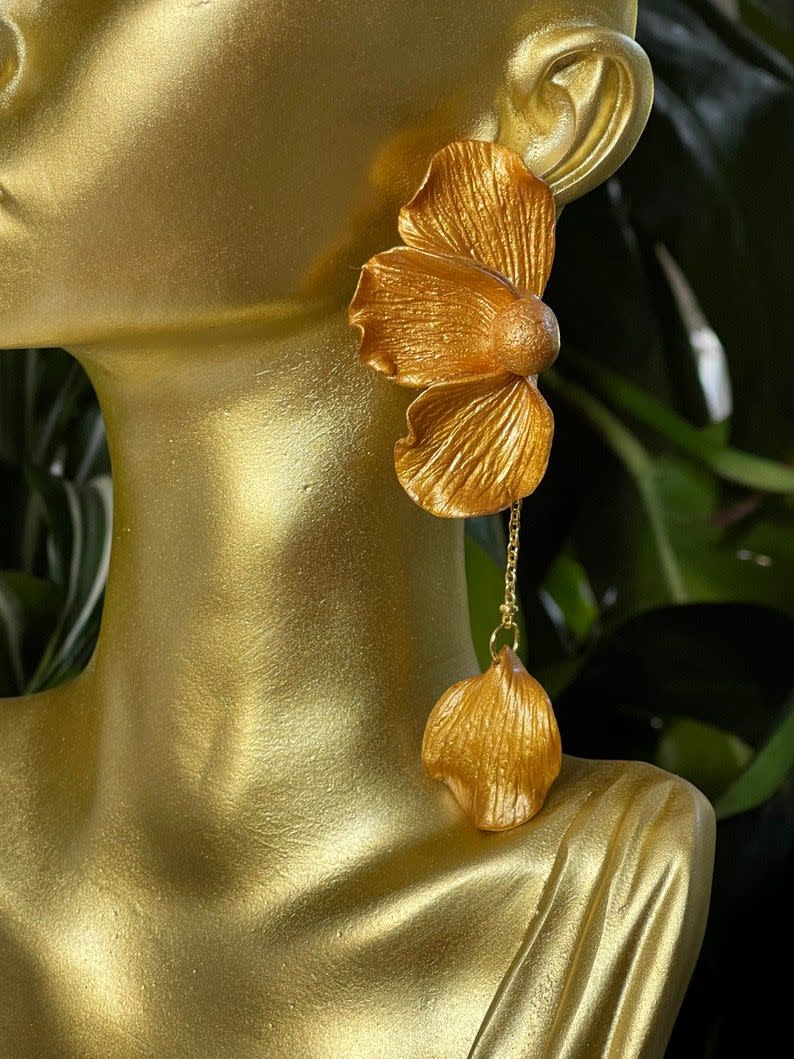 19) Golden Floral Small Statement Earrings