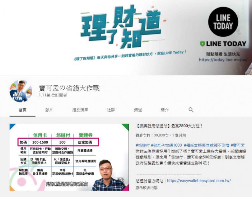 除了跨足網路帶狀理財節目LINE TODAY《理了財知道》，寶可孟在YouTube也擁有自己的頻道。（圖／翻攝自YouTube頻道寶可孟の省錢大作戰）