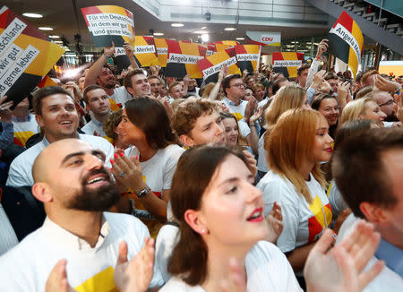 People at the Christian Democratic Union (CDU) headquarters react on first exit polls in the German general election (Bundestagswahl) in Berlin, Germany, September 24, 2017. REUTERS/Fabrizio Bensch