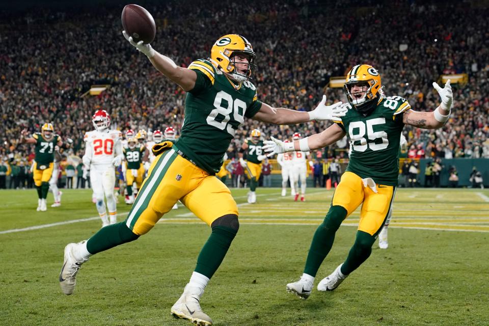 Ben Sims of the Green Bay Packers celebrates after scoring a touchdown during the first quarter against the Kansas City Chiefs.