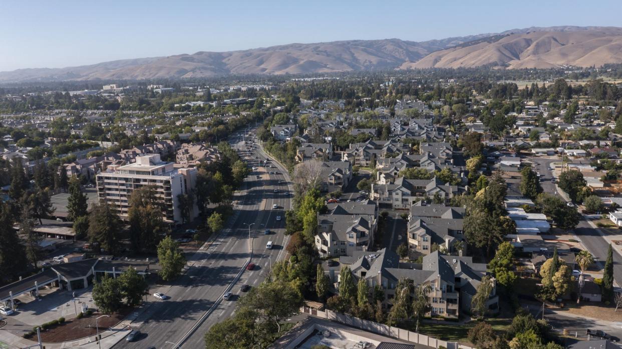 Afternoon aerial view of the city of Fremont, California, USA.