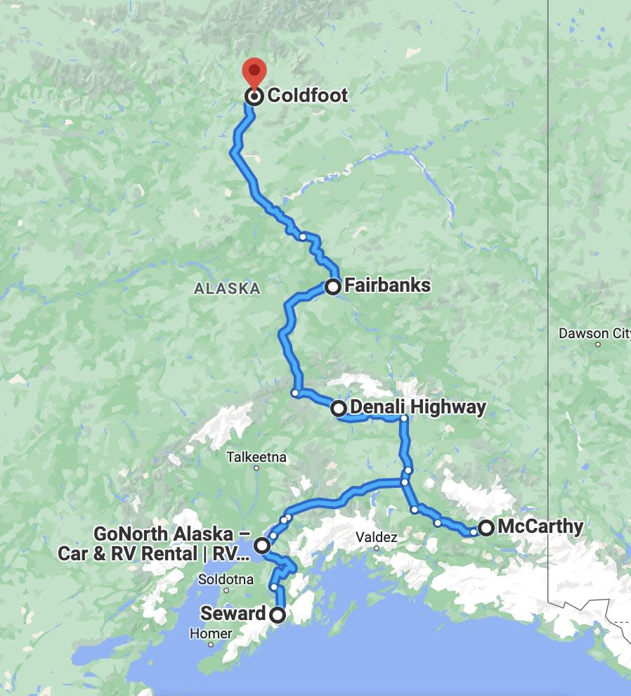 A google maps screenshot of a driving route in Alaska.