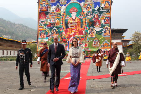 Britain's Prince William (3rd L), Duke of Cambridge, and his wife Catherine (C), Duchess of Cambridge, visit the Tashichho Dzong in Thimphu, Bhutan, in this April 14, 2016 handout photo by the Bhutanese Royal Office. REUTERS/Bhutanese Royal Office/Handout via Reuters