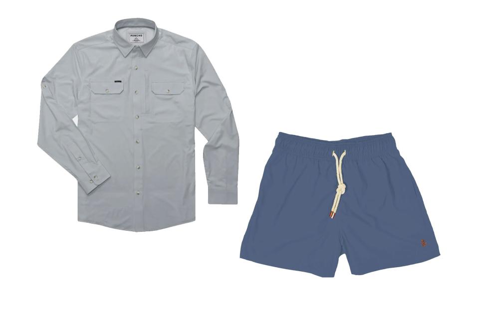 Grey collared shirt and navy swim trunks