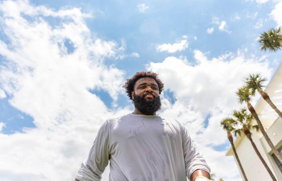 Miami Dolphins defensive line Christian Wilkins (94) is seen after speaking with reporters during team practice at the Baptist Health Training Complex on Tuesday, May 23, 2023, in Miami Gardens, Fla.