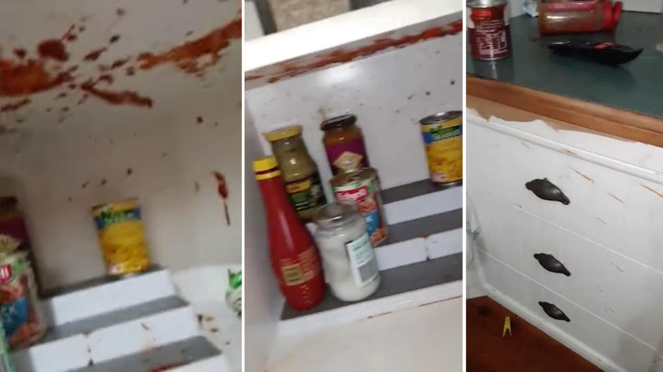 The bottle of ALID pizza sauce exploded all over the kitchen. Source: Facebook/Chelsea Timoti/Mums Who Clean