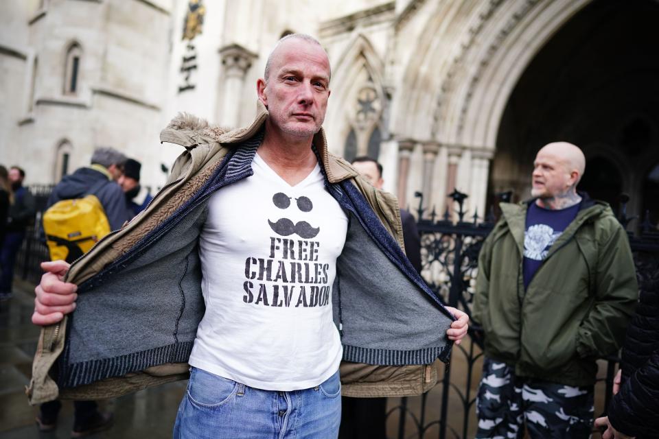 A supporter of notorious inmate Charles Bronson outside the Royal Courts Of Justice, London, ahead of his public parole hearing.