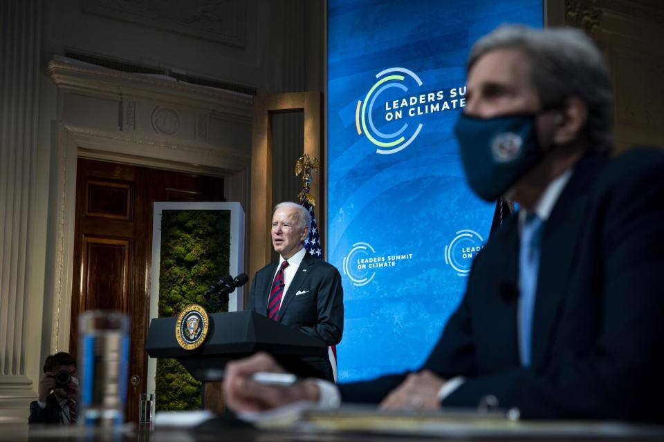 Joe Biden speaks during the virtual Leaders Summit on Climate at the White House on April 22, 2021.