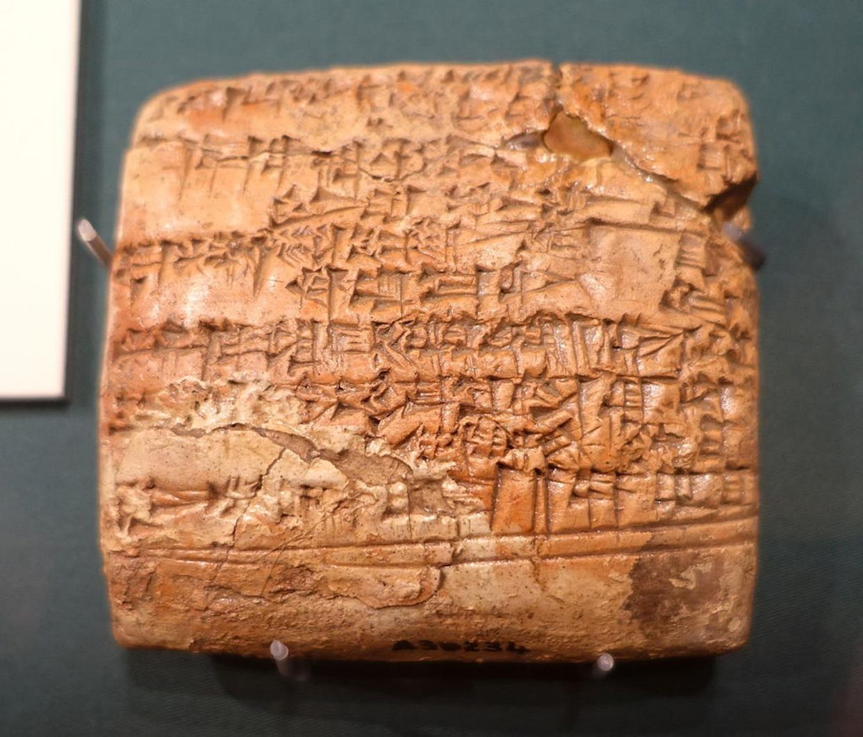 Hymn to the Goddess Nungal, on display at the Institute for the Study of Ancient Cultures at the University of Chicago. <a href="https://commons.wikimedia.org/wiki/File:Hymn_to_the_goddess_Nungal_by_a_scribe_accused_of_a_capital_offense_-_Oriental_Institute_Museum,_University_of_Chicago_-_DSC07107.JPG" rel="nofollow noopener" target="_blank" data-ylk="slk:Daderot/Wikimedia Commons;elm:context_link;itc:0;sec:content-canvas" class="link ">Daderot/Wikimedia Commons</a>