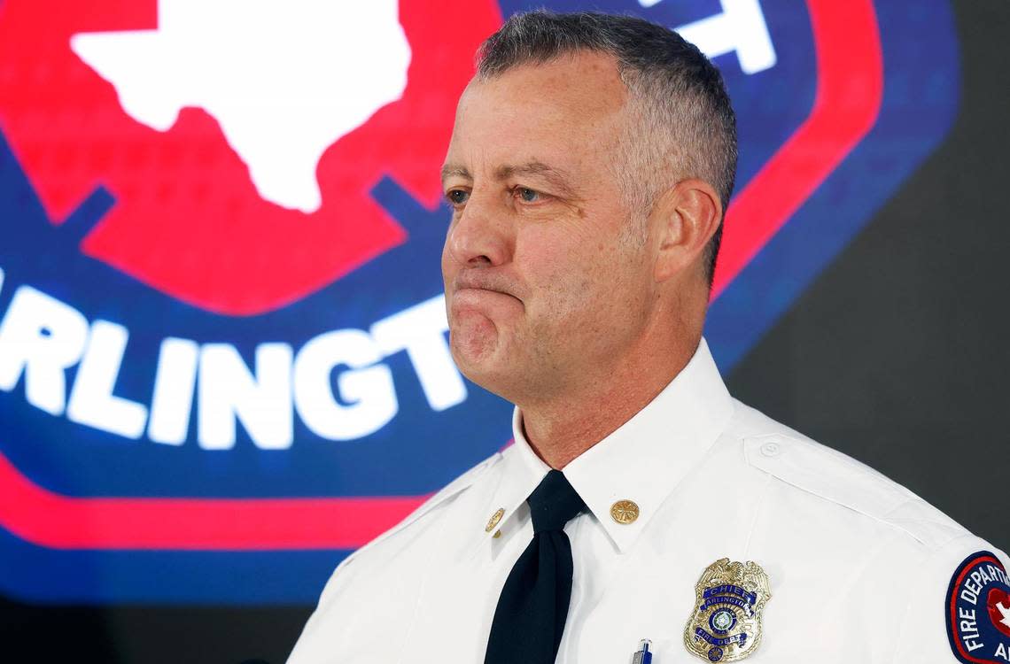 Arlington Fire Department Chief Bret Stidham gives an update on Brady Weaver, a firefighter who was shot during a welfare check on Friday, March 22, 2024.