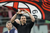 AC Milan's Zlatan Ibrahimovic reacts after his last game for the club at the end of a Serie A soccer match between AC Milan and Hellas Verona at the San Siro stadium, in Milan, Italy, Sunday, June 4, 2023. (AP Photo/Antonio Calanni)