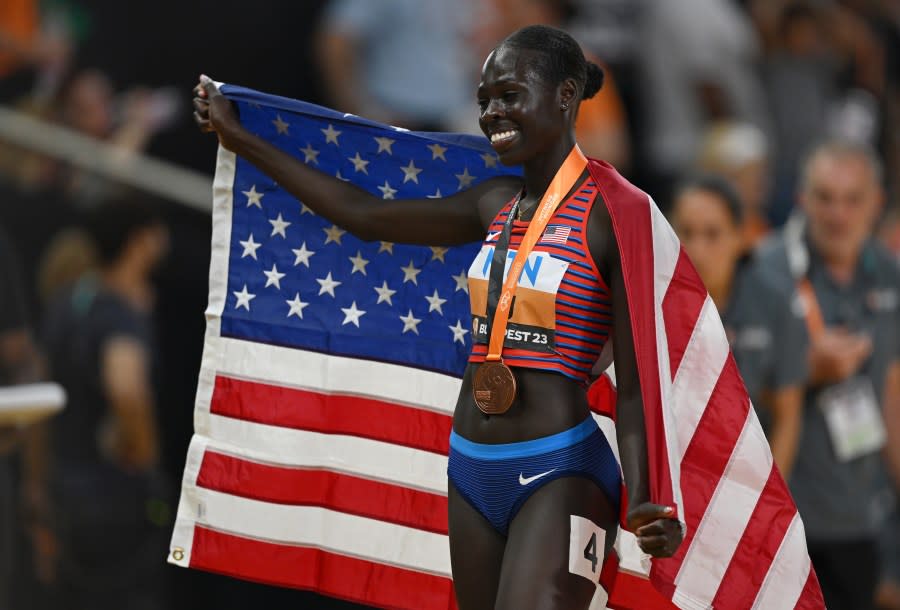 Bronze medalist Athing Mu of Team United States celebrates after the Women’s 800m Final during day nine of the World Athletics Championships Budapest 2023 at National Athletics Centre on August 27, 2023 in Budapest, Hungary. (Photo by Hannah Peters/Getty Images)