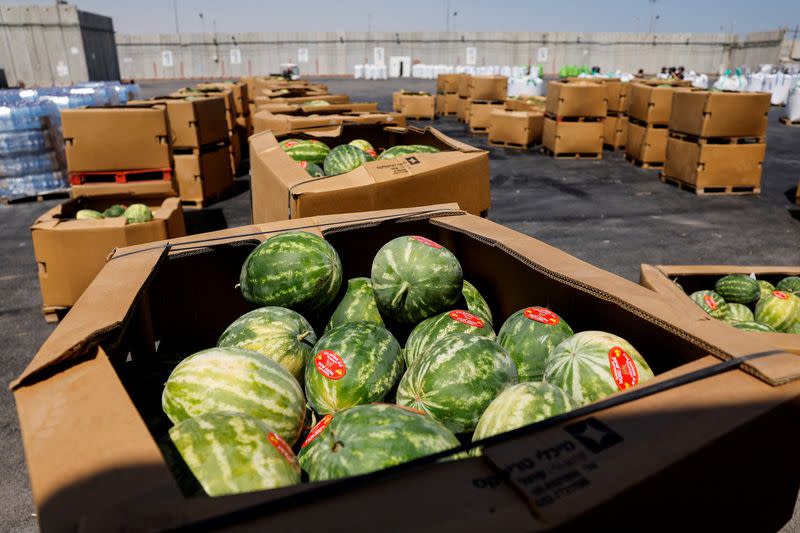 A view shows humanitarian aid destined for the Gaza Strip, at the Kerem Shalom crossing