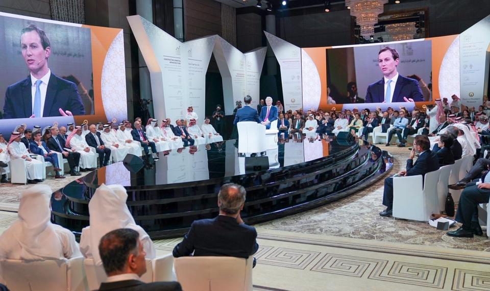 Former British Prime Minister Tony Blair and Jared Kushner, U.S. President Donald Trumps senior White House adviser and son-in-law attend U.S.-led workshop in Manama, Bahrain on June 26, 2019.