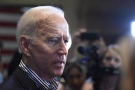 Democratic presidential candidate former Vice President Joe Biden speaks with reporters on Wednesday, Aug. 28, 2019, following a town hall in Spartanburg, S.C. (AP Photo/Meg Kinnard)