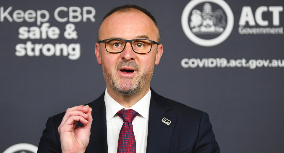 ACT Chief Minister Andrew Barr speaks to the media during a press conference in Canberra, Thursday, August 12, 2021. (AAP Image/Lukas Coch) NO ARCHIVING