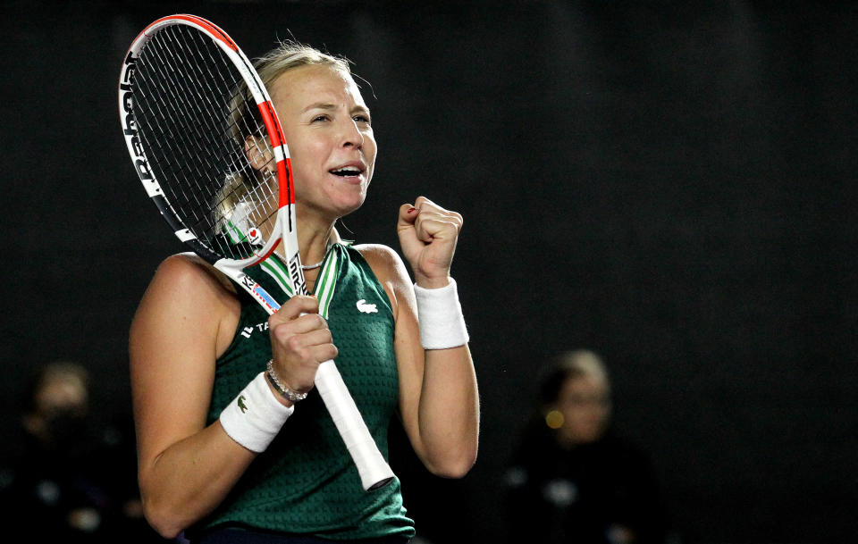 Anett Kontaveit (pictured) celebrates after defeating Maria Sakkari during the 2021 WTA Finals Tournament.