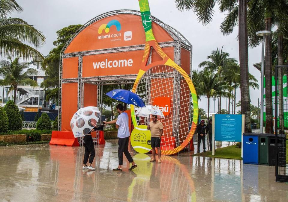 Tennis fans took cover at the Hard Rock Stadium in Miami Gardens on March 22, 2024. The Miami Open faced delays and play stoppage Friday due to severe weather, which was lingering into Saturday. The storms should clear by Saturday afternoon, the National Weather Service said.