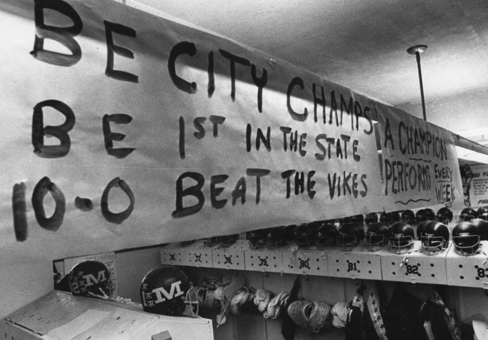 A banner in the Moeller locker room represents the wishes of the school, its players and its coaches concerning their10/31/80, showdown at Princeton.
The Enquirer/Fred Straub