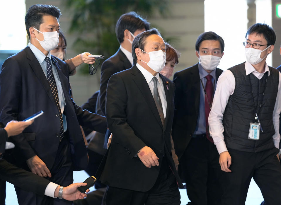 Japanese Defense Minister Yasukazu Hamada arrives at the prime minister's office in Tokyo, Friday, Nov. 18, 2022. North Korea fired a suspected intercontinental ballistic missile that landed near Japanese territorial waters Friday, its neighbors said, the second such major weapons test this month that shows its determination to perfect weapons systems targeting the U.S. mainland. (Kyodo News via AP)