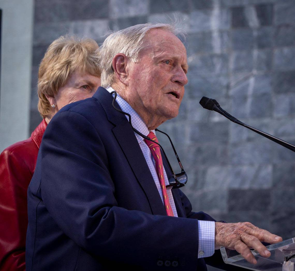 Jack Nicklaus speaks during a ceremony in Nicklaus Children’s Hospital Advanced Pediatric Care Pavilion Courtyard in Miami on Tuesday, Jan. 31, 2023. Billionaire Citadel founder and CEO Ken Griffin donated $25 million to the hospital to support the new five-story surgical tower opening in 2024.