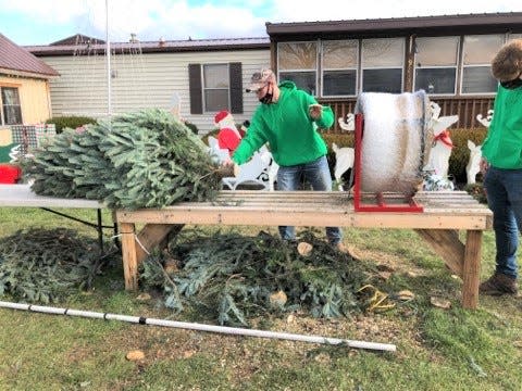 Carson McKean and Maddox Walter put a tree through a baler in this 2020 file photo taken at the Wolfe's Christmas Tree & Wreath Destination in Strasburg.