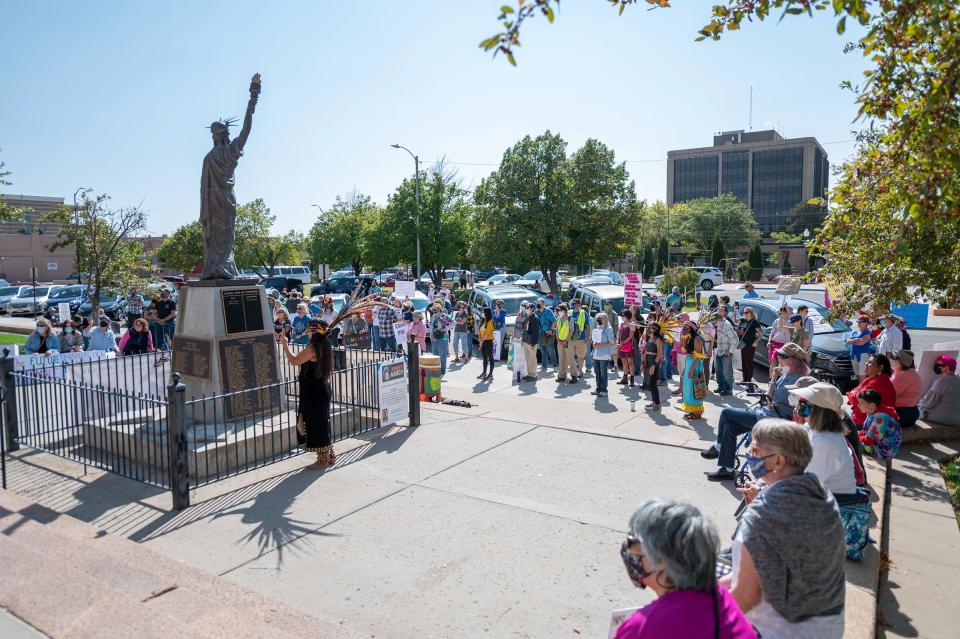 In this file photo, dozens of demonstrators gathered at the Pueblo County Courthouse for the Women's March for Southern Colorado on Oct. 2, 2021, in response to Texas' abortion law. Less than a year later, the U.S. Supreme Court reversed Roe v. Wade, prompting an uptick in people traveling to Colorado for abortion counseling and services. However, Pueblo has been without a Planned Parenthood since 2015, and some Puebloans travel 50 miles to the nearest Planned Parenthood location.