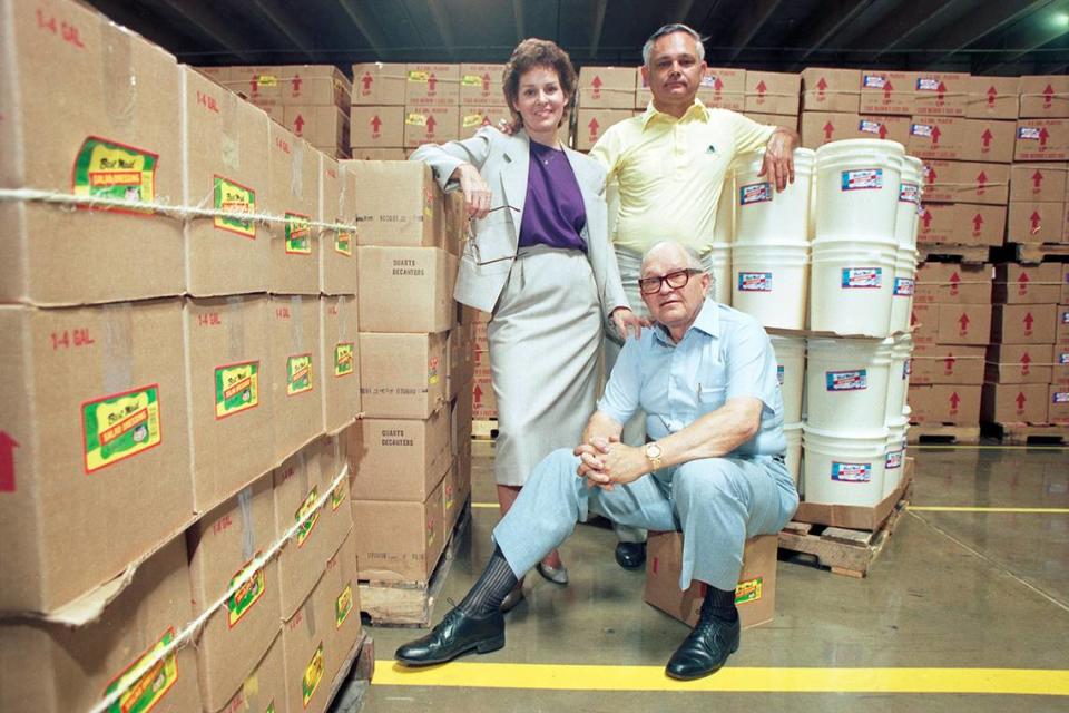 Patricia Dalton, Gary Dalton, and “Son” Garland Dalton pictured in the Best Maid warehouse, August 1990. Patricia served as the company’s chief financial officer, Son served as the chairman and chief executive officer, and Gary served as the company president. Best Maid was founded in Fort Worth by Mildred and J. O. Dalton in 1926. [FWST photographer Norm Tindell]