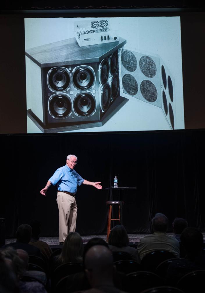 Sherwin Greenblatt, chairman of MIT's Venture Mentoring Service and former president of Bose, speaks Monday during a CivicCon presentation at The REX Theater in downtown Pensacola.
