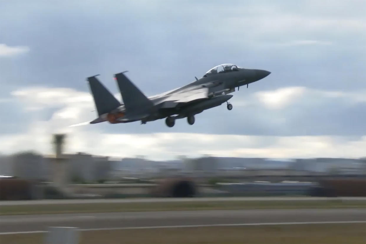 In this image taken from video, South Korean Air Force's F15K fighter jet takes off from an undisclosed location in South Korea. (South Korean Defense Ministry via AP)