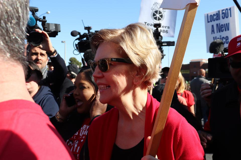 Massachusetts Sen. Elizabeth Warren pickets with Culinary Union workers outside The Palms in Las Vegas on Feb. 18, 2020.