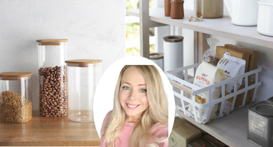 Jessica Dowle is pictured with long blonde hair in a pink top inset into kitchen and pantry scenes with dry goods organised in canisters and bags.