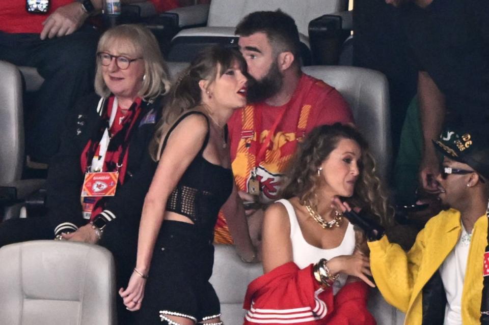Jason Kelce pictured with Taylor Swift in their suite at the 2024 Super Bowl (AFP via Getty Images)