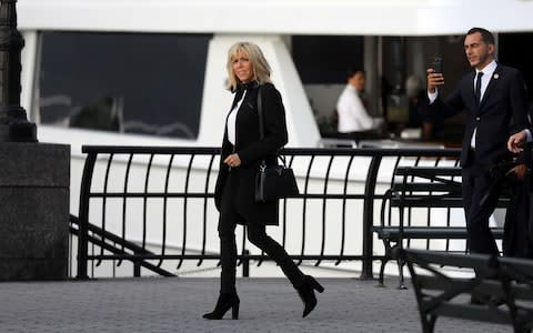 French First Lady Brigitte Macron Takes a Walk along the Hudson River while visiting Ground Zero on September 18 - Credit: Pierre Suu/ GC Images