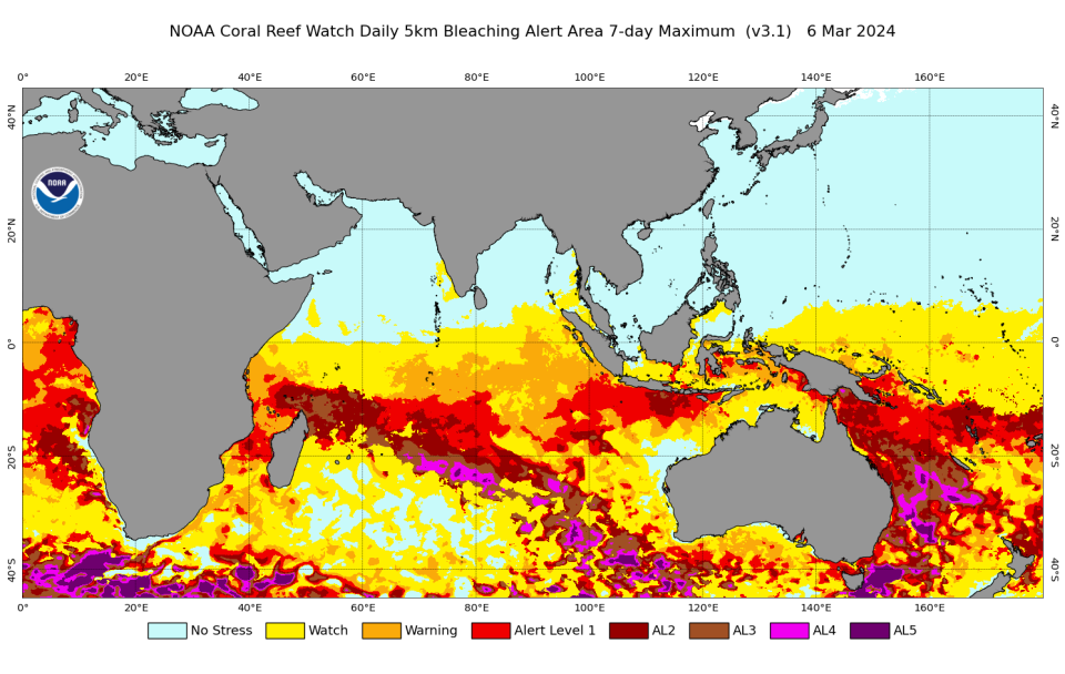 Das Coral Reef Watch-Warnsystem der NOAA zeigt, dass in vielen Gebieten im und um das Great Barrier Reef Bleichwarnungen in unterschiedlichem Ausmaß auf der Skala von 1 bis 5 vorliegen. / Bildnachweis: NOAA Coral Reef Watch