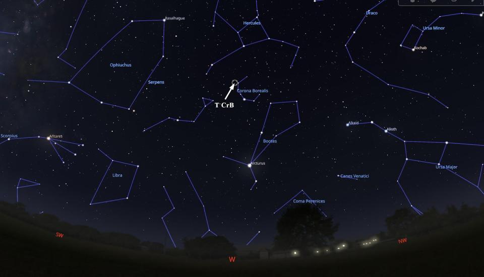 A map showing the constellations, with T CrB circled over the bright star Arcturus.