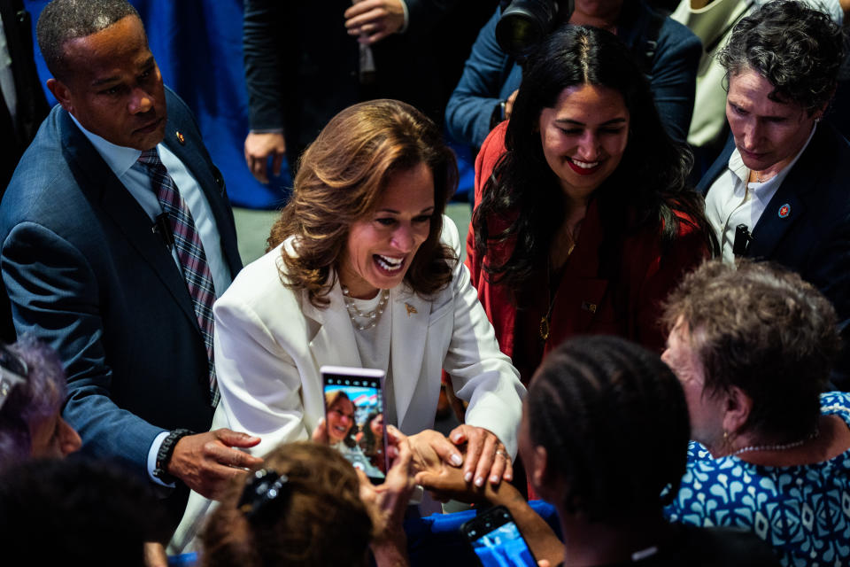 SAVANNAH, GA  August 29, 2024:

Democratic presidential nominee Vice President Kamala Harris shakes hands with supporters during a campaign rally at Enmarket Arena in Savannah, Georgia on Thursday, August 29, 2024.

(Photo by Demetrius Freeman/The Washington Post via Getty Images)