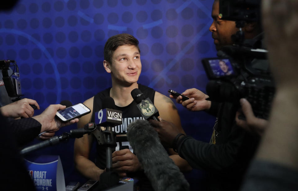 Grayson Allen speaks with reporters at the NBA draft combine in Chicago. (AP)