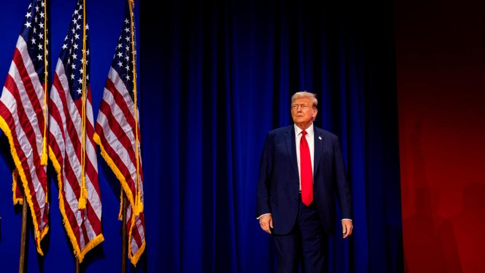 PHOTO: Former President Donald Trump walks on stage to deliver the keynote address at the Faith & Freedom Coalition's Road to Majority Policy Conference in Washington, DC, June 22, 2024. (Samuel Corum/Getty Images)