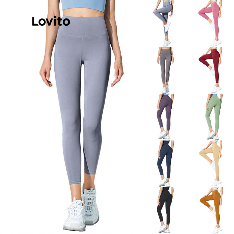 Lovito Summer Plain High Waist Sports Yoga Pants Compression Leggings for Woman L02044 (Light Blue/Pink/Black/Dark Blue). (Photo: Shopee SG)